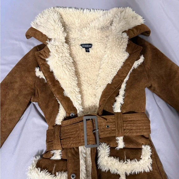 Bebe Vintage Uc Bebe Vegan Shearling Suede Long Maxi Coat Size Xs - Picture 3 of 7